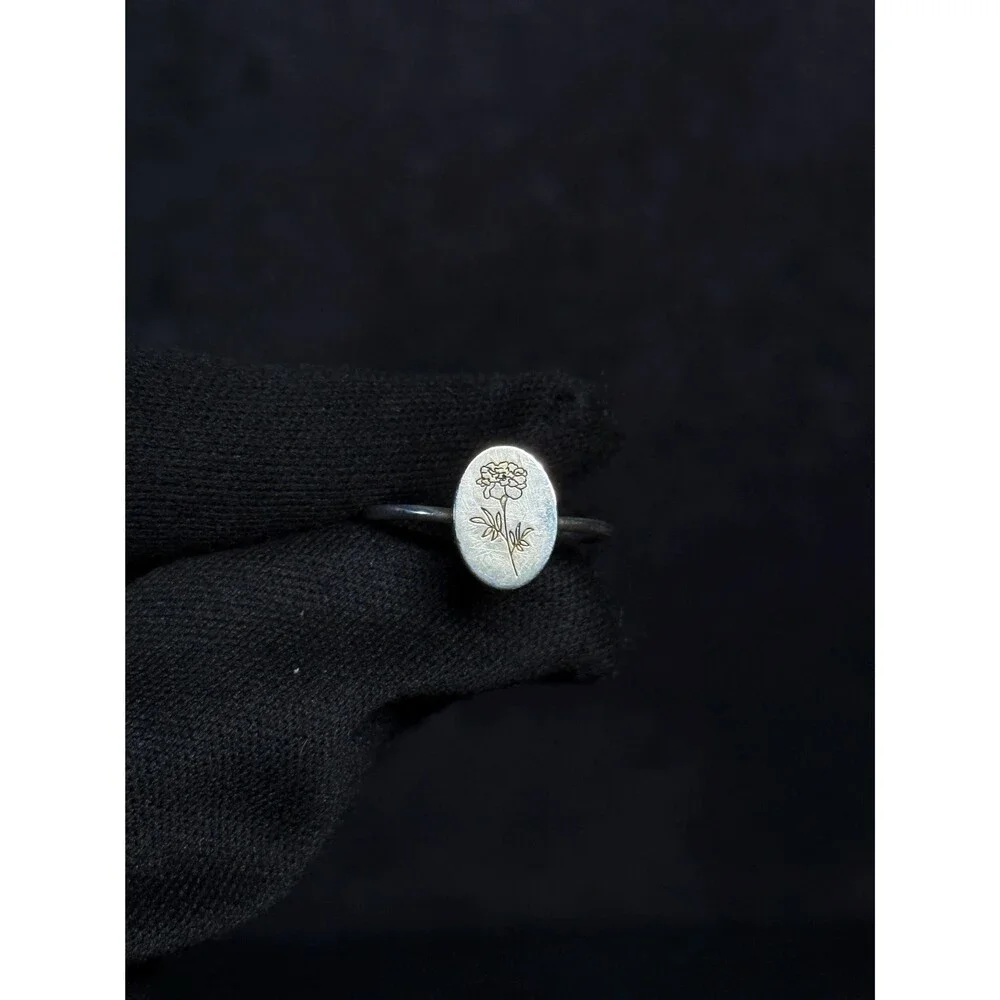 Sterling Silver Engraved Flower Oval Ring Size 6 Dainty Floral Ring